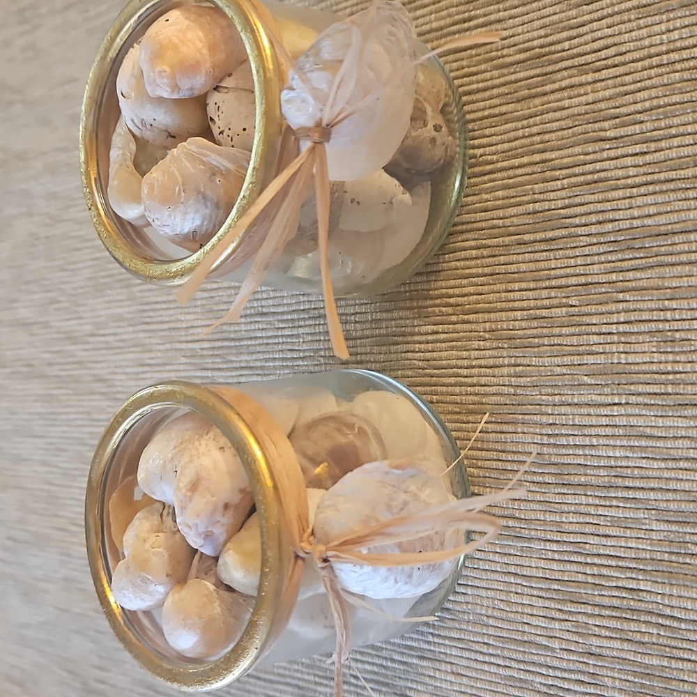 Decorative Glass Jars w/ Gold Trim & Sea Shells. Handmade